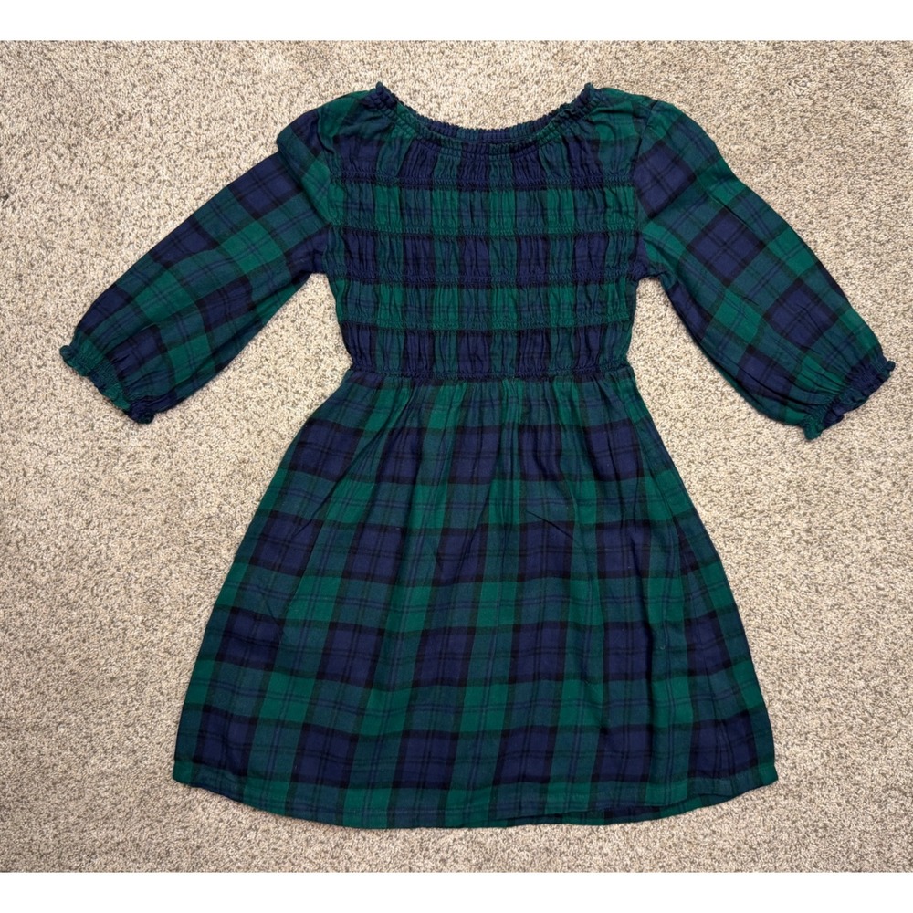 Old Navy Dress Black Watch Plaid M 8 Green Navy Smocked Flannel Holiday Classic